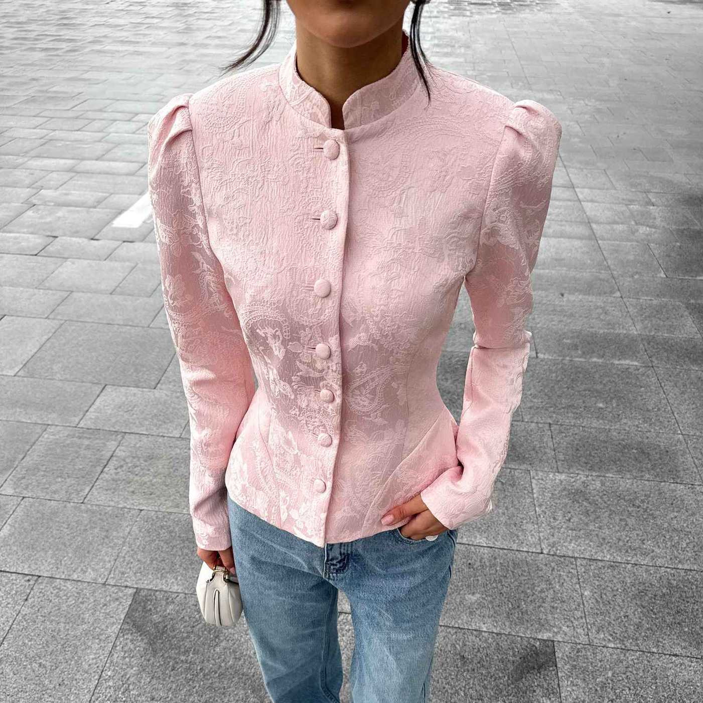 Bluză vintage cu guler ridicat, de designer, cu mâneci lungi, în stil blazer