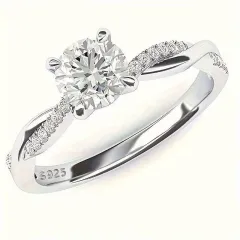 Silver Plated Moissanite Inspired Engagement Ring - Silver - View 1