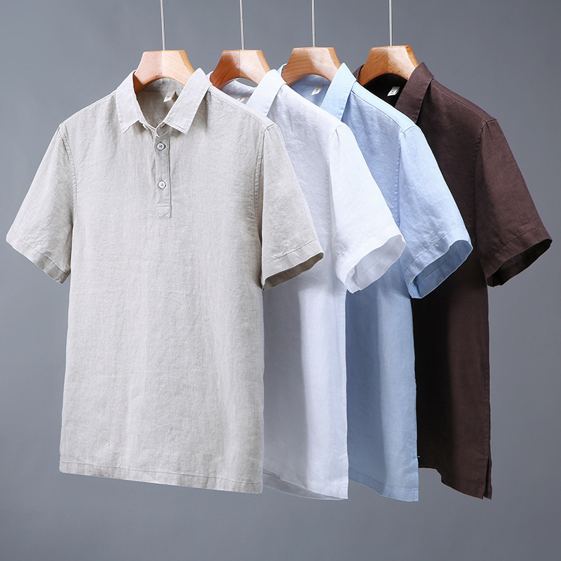 Arrival Mens Short-Sleeve Shirt In Pure Linen With A Turn-Down Collar