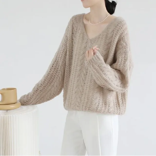 Gentle Design Soft Glutinous Sweater Hollow Out Mohair Knitwear Khaki - Shop at LoveMi
