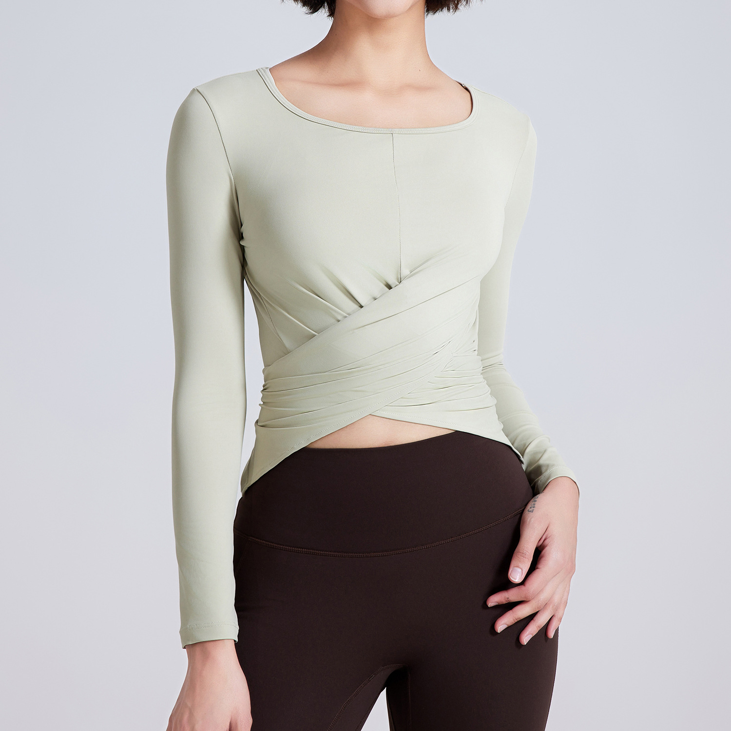Cross Button Slim Fit Thin Yoga Wear Long Sleeve Green - Shop at LoveMi