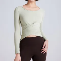 Cross Button Slim Fit Thin Yoga Wear Long Sleeve - Green - View 1
