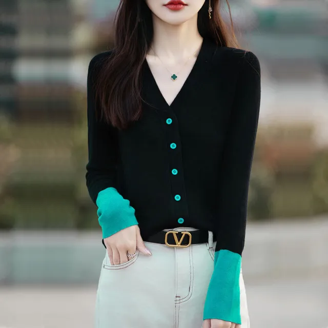V neck Color Stitching Knitted Cardigan Coat Loose Thin Slimming Women's Sweater Black And Green - Shop at LoveMi