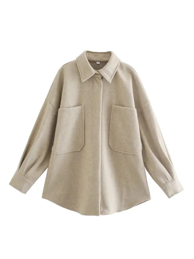Vintage Woolen Shirt Top Spring Winter New Loose Profile Shirt Coat Beige - Shop at LoveMi