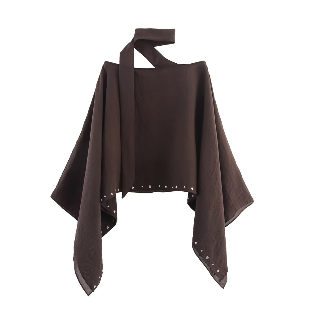 Simple Rivet-Embellished Scarf Cape Shirt Top