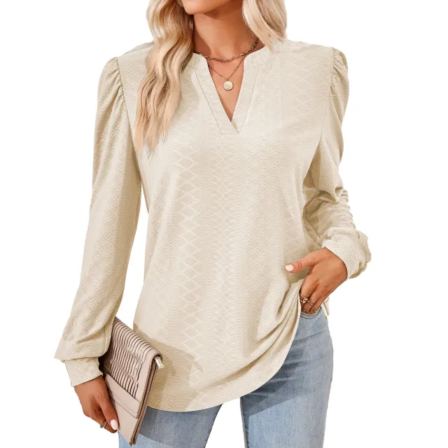 V neck Jacquard Long Sleeve Loose fitting T shirt Top Ladies Apricot - Shop at LoveMi