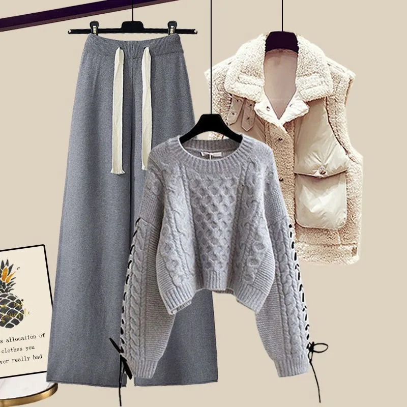 Women's Autumn And Winter Thickened Vest All-matching Knitted Sweater Wide Leg Pants Three-piece Suit - Style7