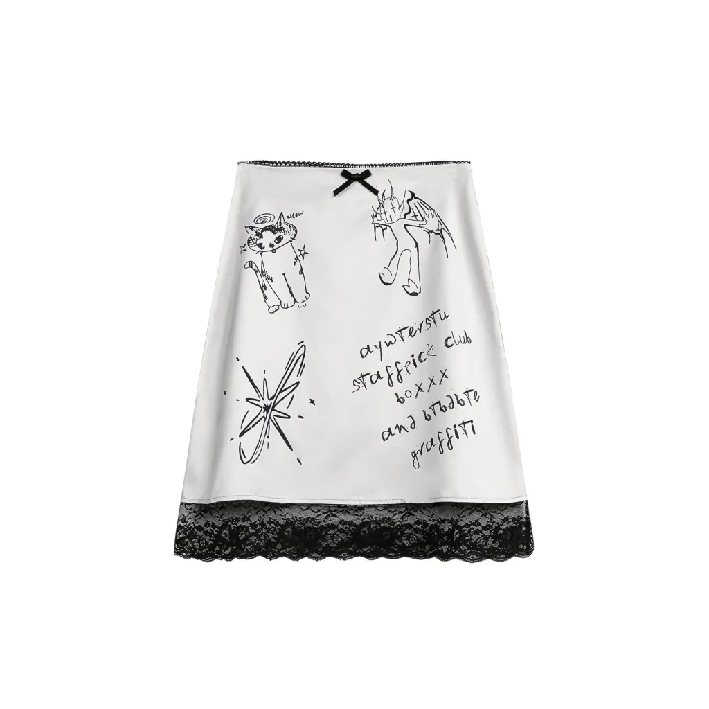 Women's Lace Stitching Lace Graffiti Skirt - Grey