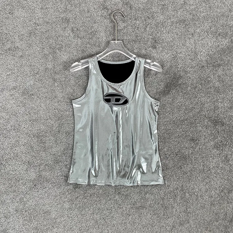 Metal Silver Futuristic Slim-fit Hollow-out Letter Vest - Silver