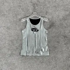 Metal Silver Futuristic Slim-fit Hollow-out Letter Vest - Silver - View 1