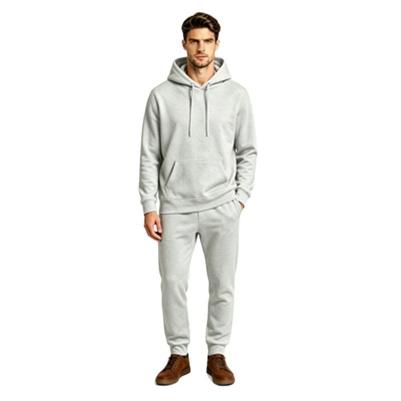 Men's Pullover Hoodie and Jogger Set - light grey model view showing hood, kangaroo pocket and cuffed joggers