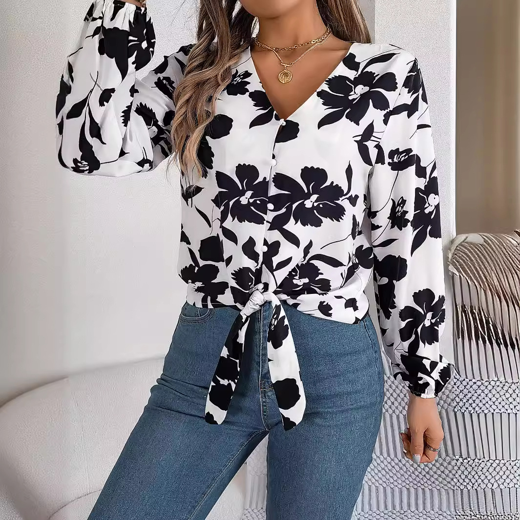 Floral Lantern-sleeve Lace-up Chiffon Blouse Top