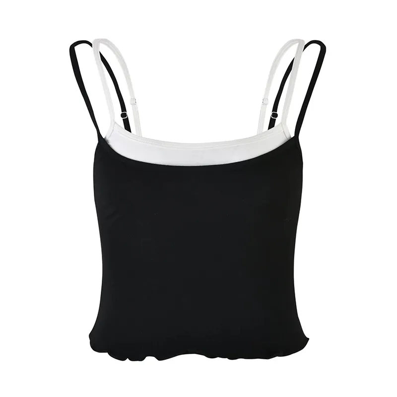 American Street Contrast Colours False-two-piece Basic Vest All-matching Slim Fit Sexy Sling - Black And White