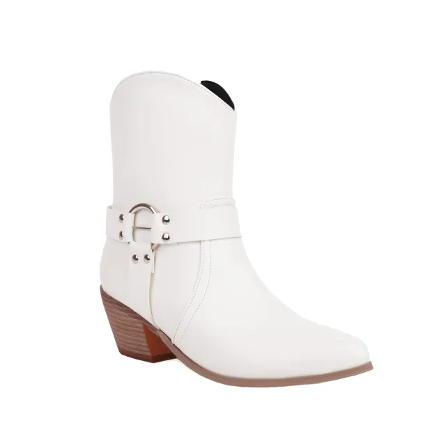 Belt Buckle Chunky Heel Martin Booties White - Shop at LoveMi