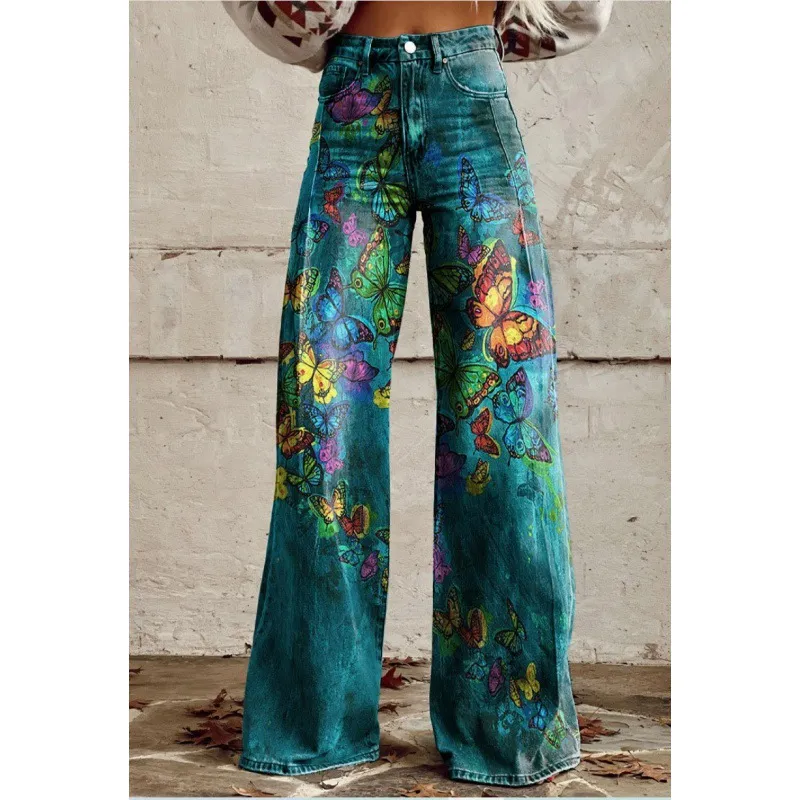 Fashion Women's Printed High Waist Loose Thin Imitation Denim Wide Leg Pants - Style7-S