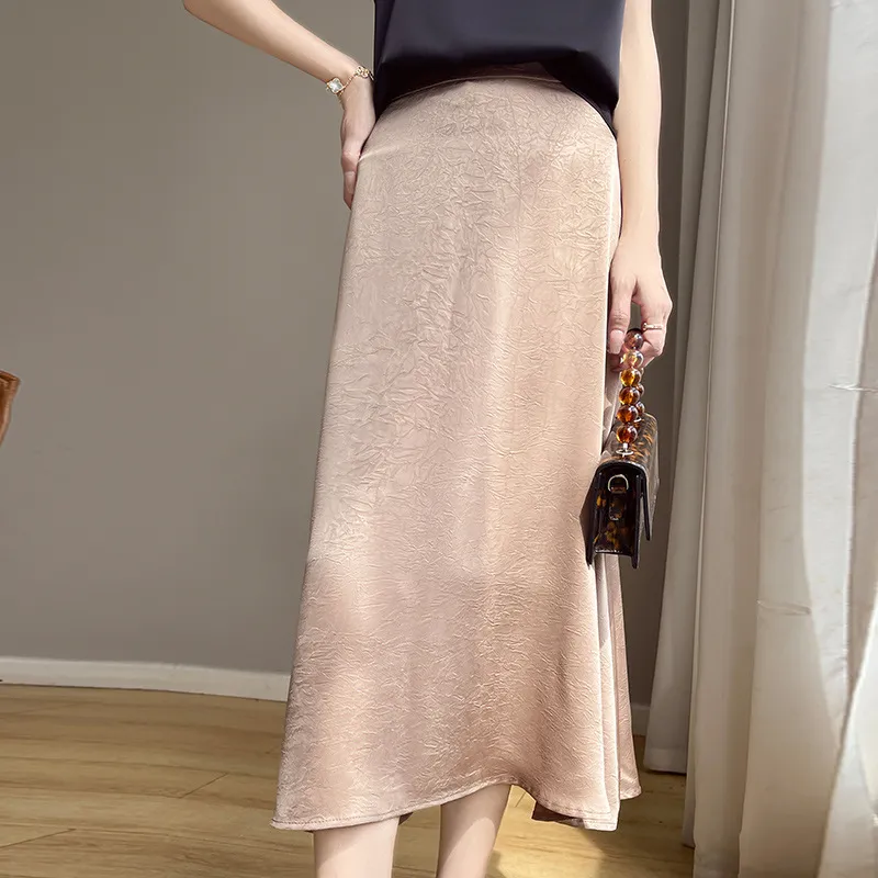 Water Ripple Skirt Silk Texture Mid-length High Waist Solid Color Skirt