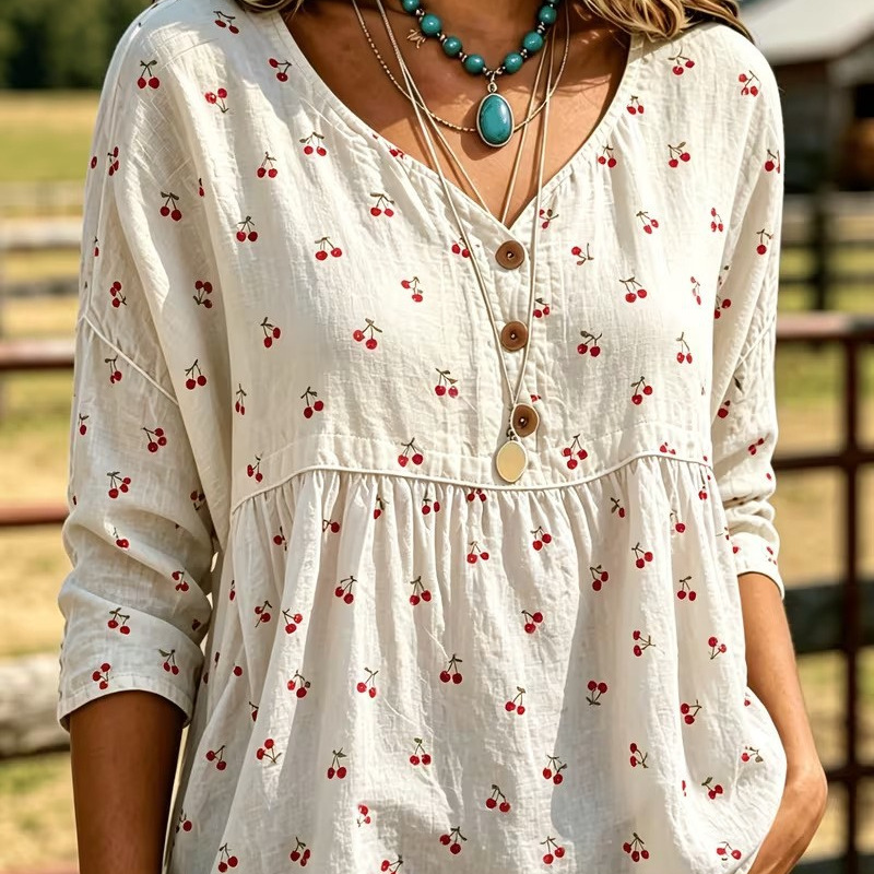 V-neck Printed Loose-fit Three-button Top With Dropped Shoulders