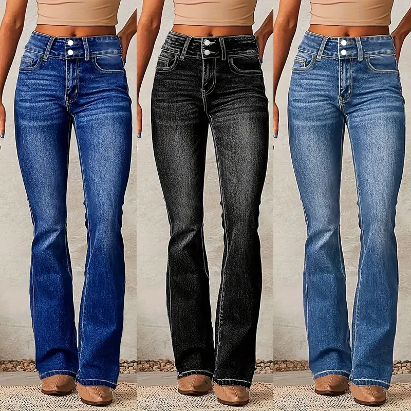 Skinny Flared Jeans with Pockets Fashion Button Zipper Trousers