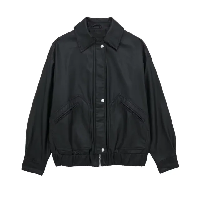 Women's Lapel Loose Faux Leather Bomber Jacket Coat Black - Shop at LoveMi