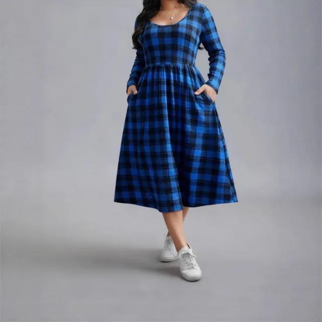 Loose Casual Pleated Plaid Round Neck Pocket Women's Dress Blue - Shop at LoveMi