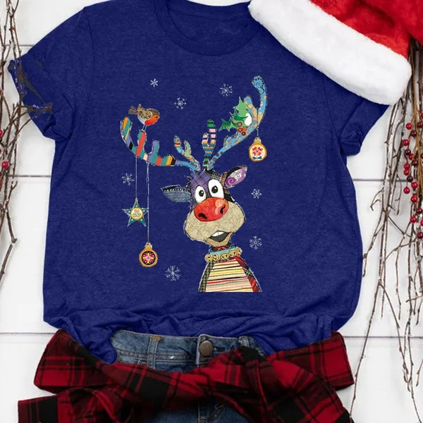 European And American Santa Claus Snowman Printed Short sleeved T shirt Sapphire Blue - Shop at LoveMi