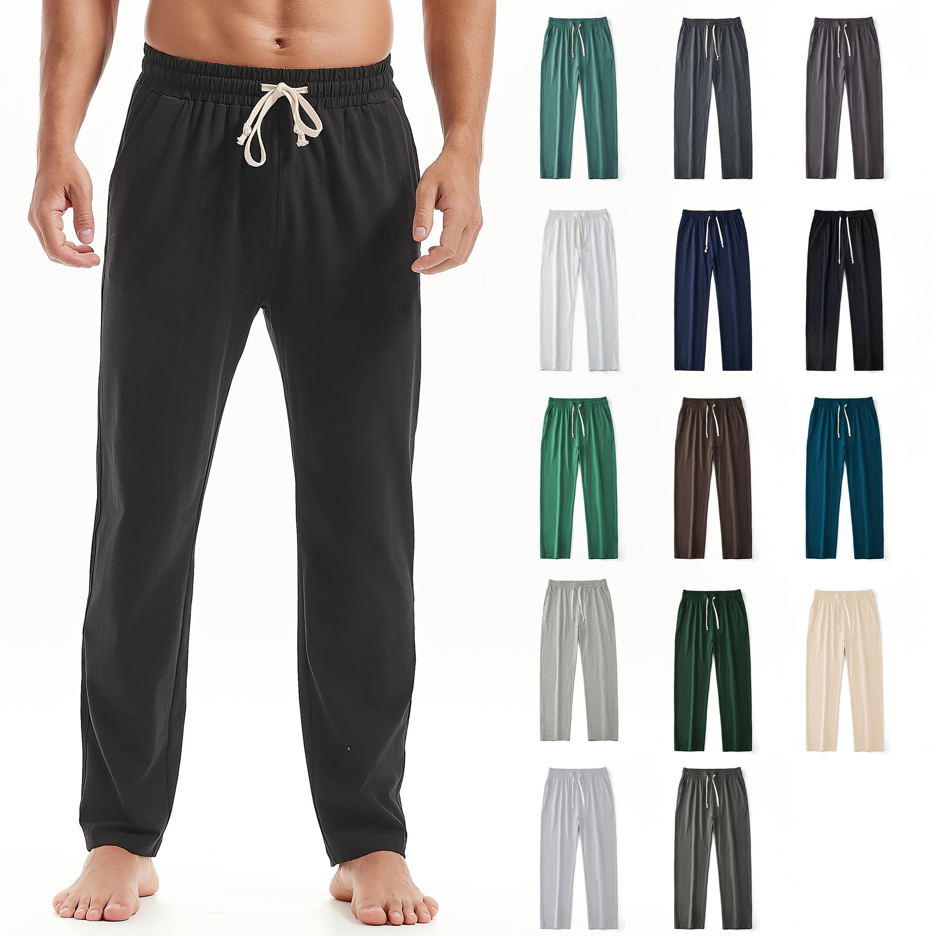 Mens Solid-Color Straight-Leg Lace-Up All-Match Sports Pants For Men