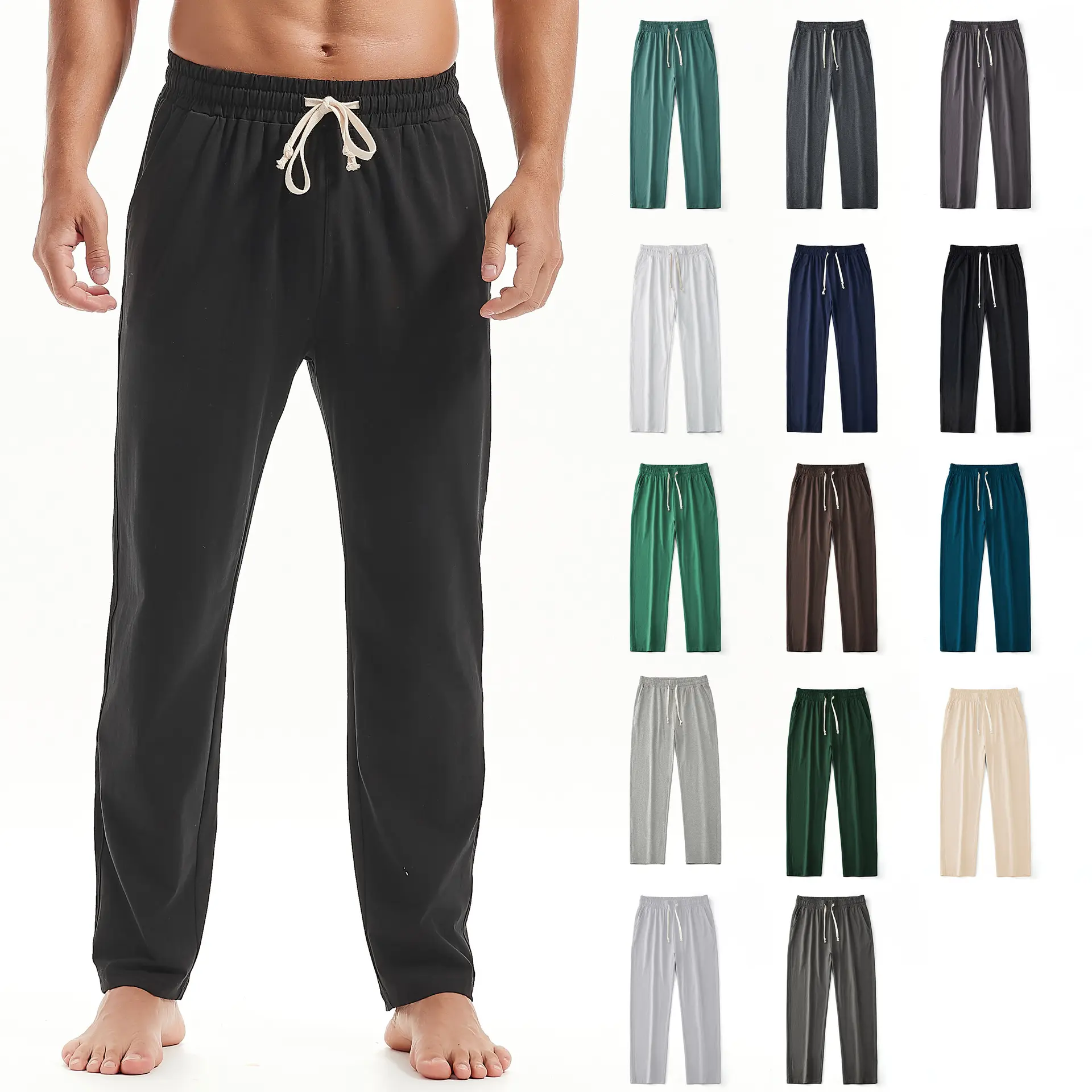 Mens Solid-Color Straight-Leg Lace-Up All-Match Sports Pants