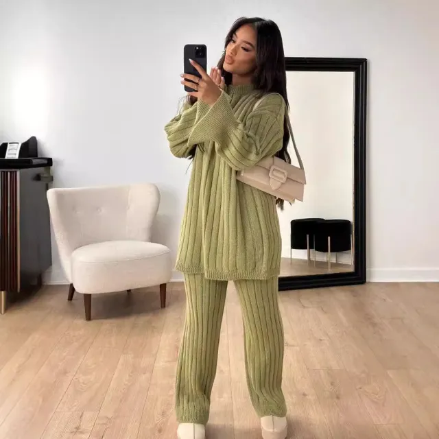 Solid Color Idle Style Round Neck Loose Sweater Trousers Two piece Set Matcha L - Shop at LoveMi