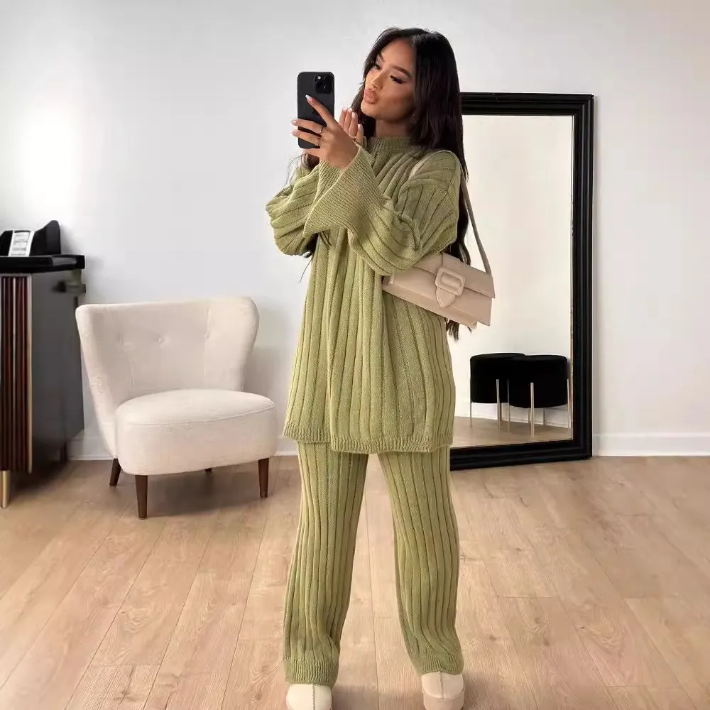 Solid Color Idle Style Round Neck Loose Sweater Trousers Two-piece Set - Matcha-L