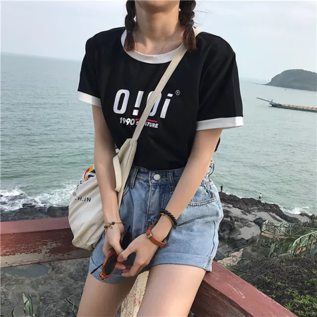 Letter Color Matching Short sleeved T shirt Summer Korean Style Slim fit Student Top Black - Shop at LoveMi