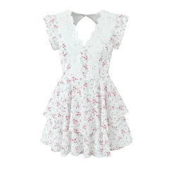 French Sweet Style Lace Stitching Flower Printed V-neck Short Sleeve Dress - White - View 1