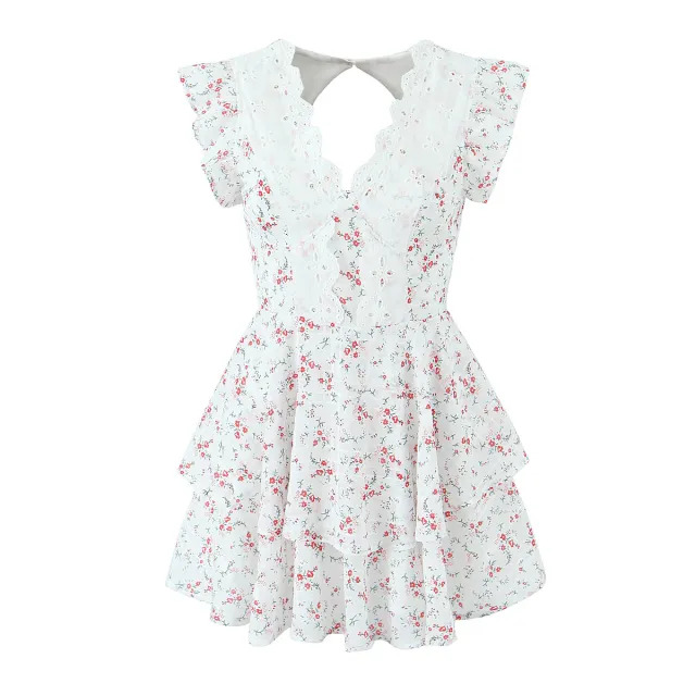 French Sweet Style Lace Stitching Flower Printed V neck Short Sleeve Dress White - Shop at LoveMi