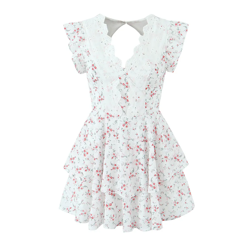 French Sweet Style Lace Stitching Flower Printed V-neck Short Sleeve Dress - White