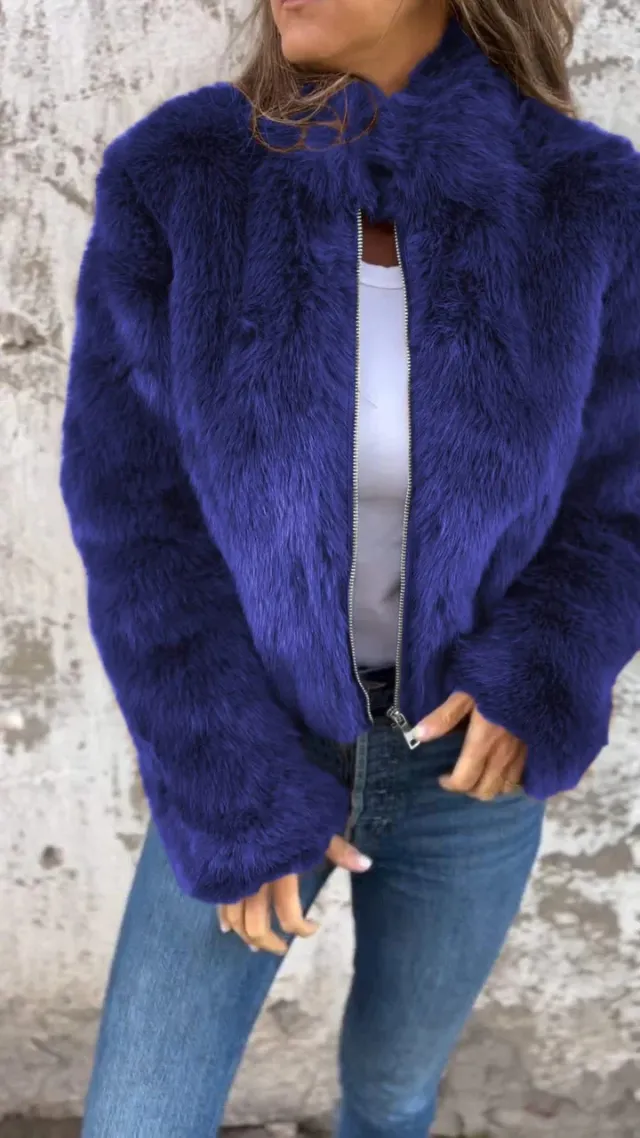 Fashion Stand Collar Plush Jacket Winter Casual Turtleneck Zipper Coat Fleece Tops Women's Clothing Blue - Shop at LoveMi