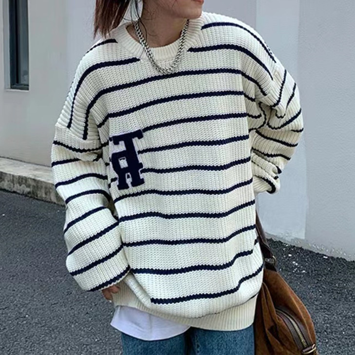 New Retro Japanese Striped Letters Loose Pullover Outerwear Long sleeved Tops Picture Color - Shop at LoveMi