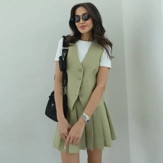 European And American Sleeveless Top Pleated High Waist Short Skirt Women's Two piece Suit Matcha - Shop at LoveMi