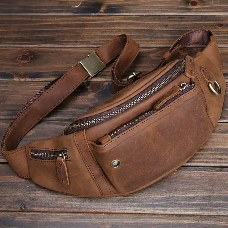 Full-Grain Leather Large-Capacity Sports Crossbody Chest Bag