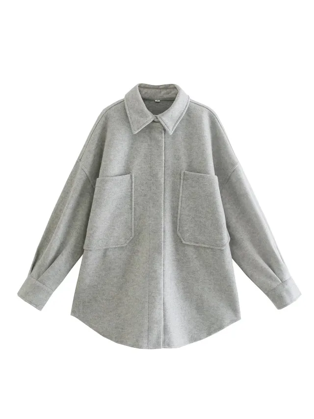 Vintage Woolen Shirt Top Spring Winter New Loose Profile Shirt Coat Gray - Shop at LoveMi
