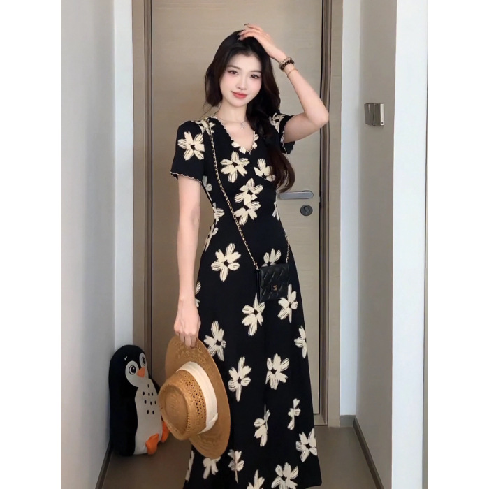 Womens Retro Lace V Neck Floral Short Sleeve Dress Black - Shop at LoveMi