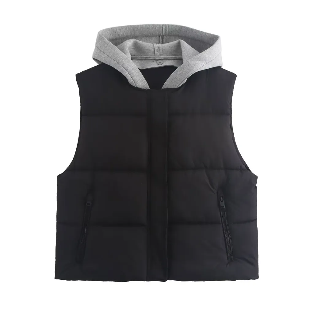 European And American Style Stylish Simple And Versatile Hooded Stitching Cotton-padded Jacket Vest - Black