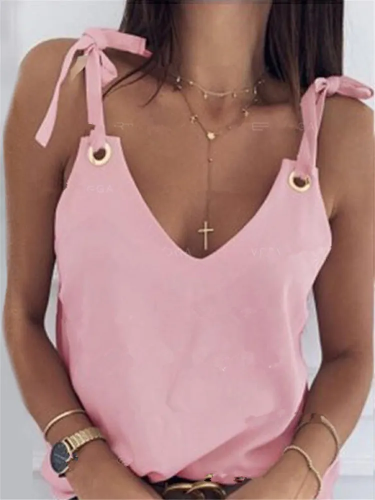 Summer Chiffon Fashion Suspenders V-neck Vest Casual Top - Pink