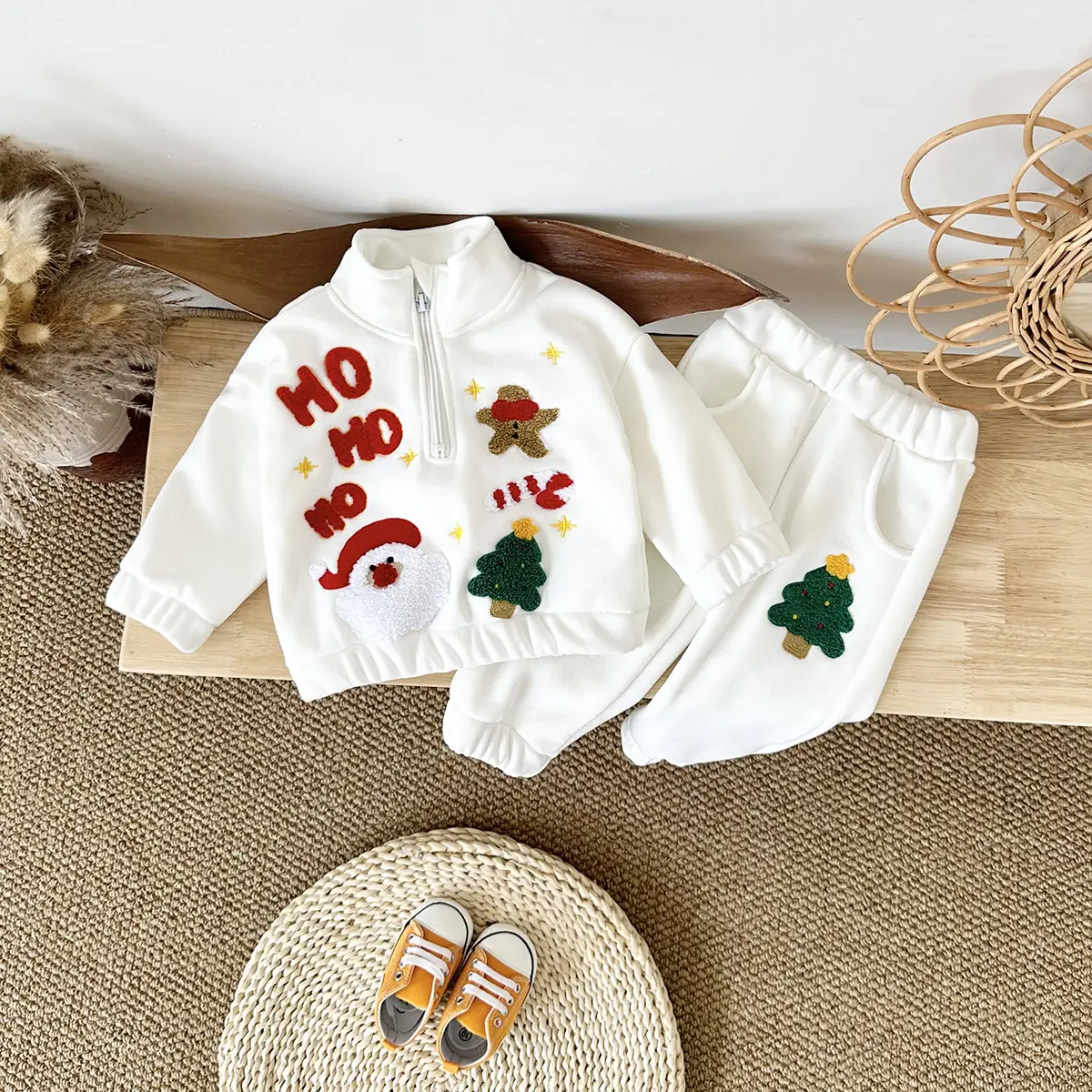Fleece-lined Thickened Christmas Embroidered Stand Collar Sweater Trousers Suit