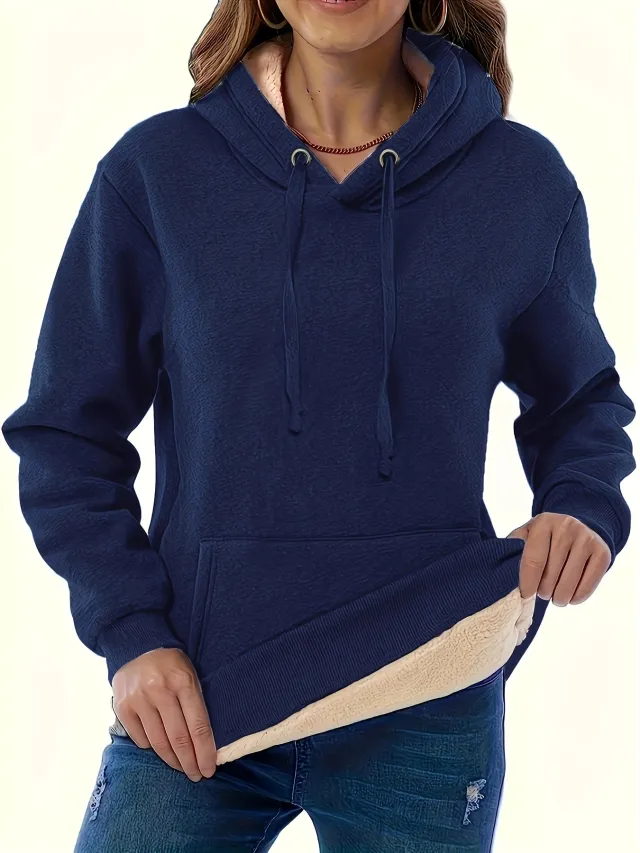 Fashionable All match Women's Warm Pocket Hooded Sweater Navy Blue - Shop at LoveMi