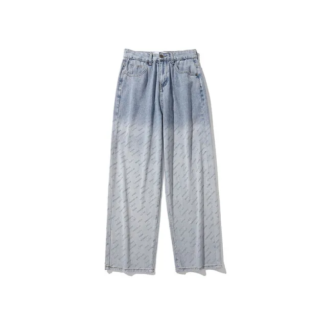 Retro Alphabet Full Printed Washed Gradient Straight Jeans Blue - Shop at LoveMi