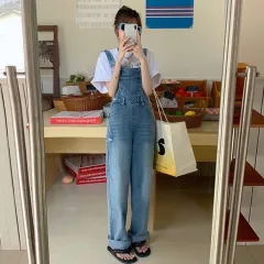 Ripped Denim Suspender Pants Women's Spring Versatile Ins High Waist Straight Wide Leg Mop Trousers Women's - Blue - View 1