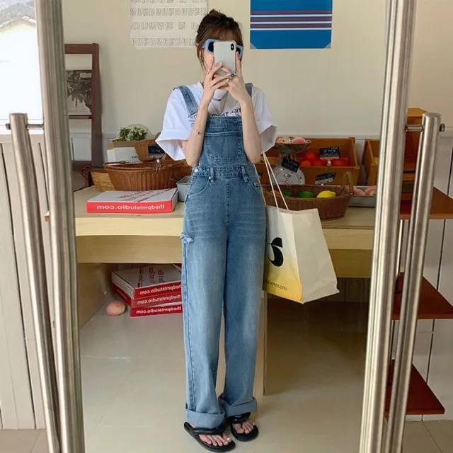 Ripped Denim Suspender Pants Women's Spring Versatile Ins High Waist Straight Wide Leg Mop Trousers Women's Blue - Shop at LoveMi
