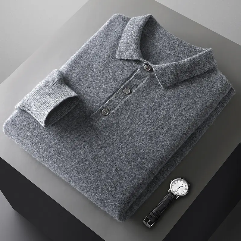 Mens Solid-Color Long-Sleeve All-Wool Polo-Neck Sweater