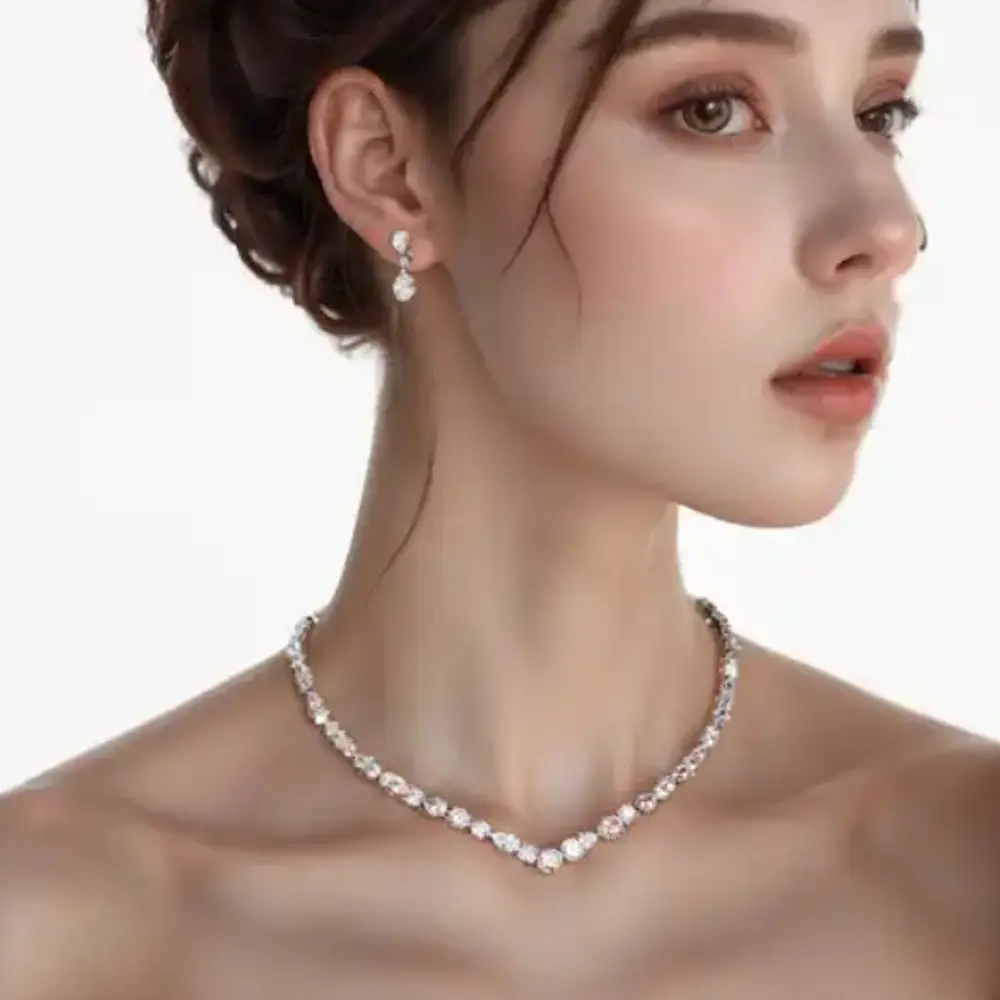 Simple Full Rhinestone Zircon Necklace And Earrings Suite