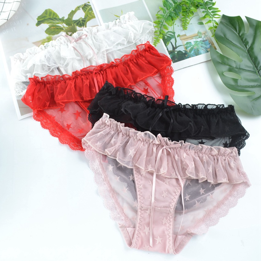 Mesh Lace Hollow Out See Through Five-pointed Star Flying Ribbon Bow Sweet Cute Women’s Underwear