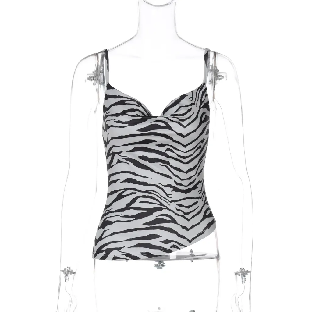 Sexy Printed Swing Neck Backless Camisole Top - Black